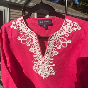 Jones New York Hot Pink Embroidered Tunic Top | Petite Medium